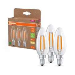 OSRAM Hocheffiziente LED Lampen mit Energieeffizienz Klasse A, Vorteilspack mit 3 Leuchtmittel, ersetzt herkömmliche 40W Glühbirnen, Kerzenform, warmweiß(2700K), E14, Filament Glas