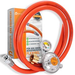 Gasschlauch Set bestehend aus Gasdruckregler 50 mbar mit Manometer und Sicherheitsventil sowie flexiblem Gasschlauch 200 cm - ideal für Gasgrills, Heizstrahler, Hockerkocher, Gaskocher, Lampen, uvm.
