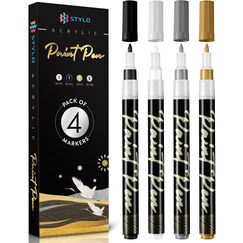 Stylo 4 Stück Metallic Marker Stifte Set – Weiß, Schwarz, Gold und Silber, permanente Acrylmarker, Stift für Glas, Keramik, Steinmalerei, Kunsthandwerk für Erwachsene
