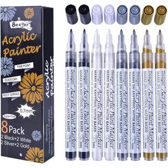 Schwarz Weiß Gold Silber Acrylstifte, 0,7mm Permanent Marker Stifte Wasserfest Acrylfarben Stifte Steine Bemalen Stifte für Steine Keramik Holz Metall Papier Glas Stoffe Kunststoff Leder DIY 8 Pack
