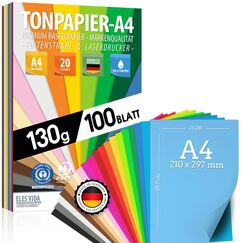 100 Blatt TONPAPIER - Buntes Papier DIN A4-130g/m² Set 20 Farben – Stabil Bastelpapier & Farbige Blätter, Kinder & DIY Bogen, Zubehör zum Basteln - BLAUER ENGEL & PEFC zertifiziert