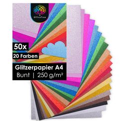 OfficeTree 50 x Glitzerpapier zum Basteln A4 – 20 Farben 250g/m² - Glitzer Papier A4 Bunt - Glitzer Bastelpapier - Glitzer Karton zum Basteln und Gestalten