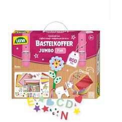 Lena Jumbo Bastelkoffer mit 800 Teilen, Bastelset bestehend aus Papier, Moosgummi, Pfeifenreiniger, Strasssteine, Wackelaugen, Pompons und Knöpfe, Pastellfarben mit Pink-Tönen, ab 5 Jahren