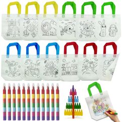 ICEPAPA, 12 Stück Stoffbeutel zum Bemalen für Kinder und 12 Stück Stapelbare Wachsmalstifte (7 Farben in 1), Perfekt für Kindergeburtstag Gastgeschenke, Bastelset Kindergeburtstag