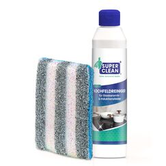 SUPER CLEAN Kochfeldreiniger für alle Glaskeramik und Induktionskochfelder. Inhalt: 250 ml + 2in1 Duo Schwamm. Strahlende Reinigung und Pflege – Kennzeichnungsfrei, Umweltfreundlich.