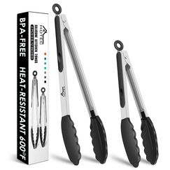 HOTEC Premium-Küchenzange aus Edelstahl, mit Verriegelung, Kochzange mit Silikonspitze, 2er-Set, 22,9 cm und 30,5 cm lange Zangen