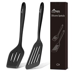 Hotec Pfannenwender-Set aus lebensmittelechtem Silikon, mit Schlitzen, Küchenutensilien zum Backen, Kochen, hitzebeständig, antihaftbeschichtet, starker Edelstahl Kern,Schwarz, 2 Stück