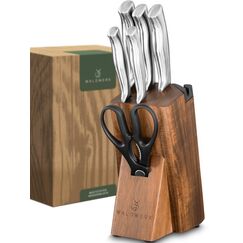 WALDWERK Messerblock - 7-teiliges Messerset mit Messerblock und integriertem Messerschärfer - Block mit Messer - Küchenmesser Set - Messerset mit Block - Messer Set