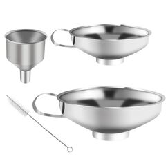 4 Stück Trichter Edelstahl Set, Marmeladentrichter, Einmachtrichter aus Edelstahl, Einfülltrichter mit Griff, zum Umfüllen von Gewürzen, Flüssigkeiten, Pulver, Bohnen, Konfitüre (3 Größen, 1 Bürste)