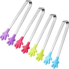 HAKACC 4 Stück Mini Zuckerzangen Set, Edelstahl Servierzangen mit bunten Silikongriffen, Lustige Hand-Zangen für Candybar und Kindergeburtstag, Buffet-Zangen für Obst, Eis und Snacks