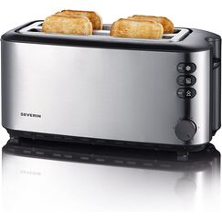 Severin Doppel-Langschlitztoaster mit eingebautem Brötchen-Aufsatz, für 4 Brotscheiben, Brotscheibenzentrierung, Aufwärm- und Defroster-Stufe, Edelstahl gebürstet, schwarz, 1.400 W, AT 2509