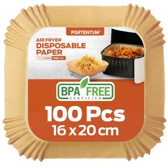 PORTENTUM Backpapier für Heißluftfritteuse 100 Stück, Einweg und ungebleicht. Geeignet für 3.5 bis 6 Liter. Lebensmittelechtes Backpapier, BPA-frei, FDA- und LFGB-zertifiziert, Packaging May Vary