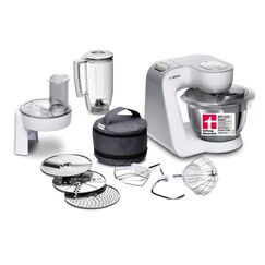 Bosch Küchenmaschine Serie 4, Edelstahl-Schüssel 3,9 L, Knethaken, Schlag- und Rührbesen Edelstahl spülmaschinenfest, Mixer 1,25 L, Durchlaufschnitzler, 3 Scheiben, 1000 W, Weiß, MUM58W20