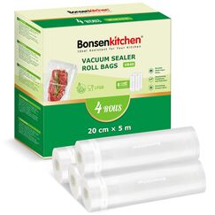 Bonsenkitchen Vakuumierbeutel 4 Rollen 20x500 cm, Vakuumierfolie Profi Vakuumbeutel Lebensmittel für Vakuumiergerät BPA-frei, Vakuumrollen Kochfest und Sous Vide Gefrierbeutel VB40