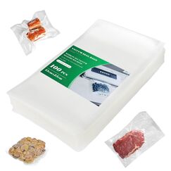 Fousenuk Vakuumierbeutel, 100 Beutel Vakuumbeutel Lebensmittel 15cmx25cm Premium, Folienbeutel für Jedes Folienschweißgerät Vakuumiergerät, Bpa-frei, Wiederverwendbar Sous Vide Gefrierbeutel Stark und