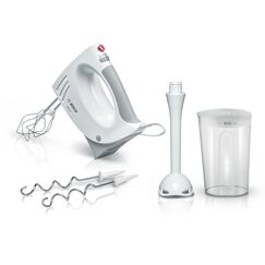 Bosch Handrührer MFQ3540, Handrührgerät, 2 Rührbesen, 2 Edelstahl-Knethaken, spülmaschinengeeignet, 5 Stufen, Pürierstab, Mixbecher, 450 W, weiß