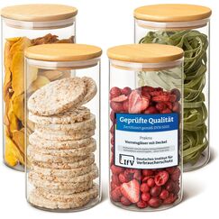 Praknu Vorratsgläser mit Deckel Luftdicht [4er Set - 1200 ml] - Glasbehälter mit Holzdeckel - Vorratsdosen Glas für Lebensmittel & Küche – Müsli Aufbewahrung - Aufbewahrungsgläser - Food Storage Glass
