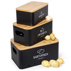 Theo&Cleo Kartoffel Aufbewahrungsbox, Vorratsdose 3er Set, Küche Aufbewahrung für Kartoffeln, Zwiebeln & Knoblauch, Hält länger frisch (Matt Schwarz)