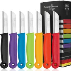 Schwertkrone® Schälmesser 7er Set [MADE IN SOLINGEN - GERMANY] - Gemüsemesser Obstmesser - Küchenmesser klein scharf - Schneidemesser Kartoffelschälmesser - Allzweckmesser (7x bunt - 6cm Klinge)