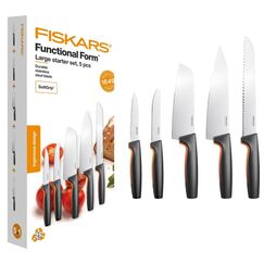 Fiskars Küchenmesser-Set, 5-teilig, Functional Form, Inklusive Kochmesser (groß), Gemüsemesser, Tomatenmesser, Santoku Kochmesser und Brotmesser, Japanischer Edelstahl/Kunststoff, 1057558