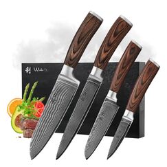 Wakoli EDIB 4-teiliges Küchenmesser Set aus Damaststahl (VG10 Kern) in edler Geschenkbox – Scharfes Damastmesser Set mit Pakkaholzgriffen – Messerset mit 2x Santoku, Fleischmesser & Officemesser