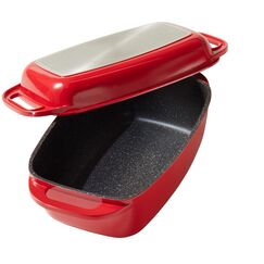 STONELINE Aluguss Bräter mit Deckel 40x22 cm, 5,8 L Bräter Induktion Backofengeeignet Für alle Herdarten, Deckel als Auflaufform verwendbar, Topf Antihaft Beschichtet mit echten Steinpartikeln, Rot