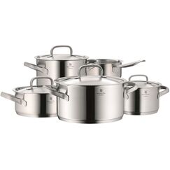 WMF Gourmet Plus Topfset Induktion 5-teilig, Kochtopf Set mit Metalldeckel, Cromargan Edelstahl mattiert, Induktions Töpfe Set unbeschichtet, Innenskalierung