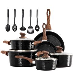 DishDelight Induktion Töpfe Set Topf und Pfannenset 15-teilige Granit Schwarz Topfset Induktion Kochtopf Pfanne mit Deckel Bratpfanne