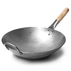 Craft Wok Traditioneller handgehämmerter Wok aus Karbonstahl mit Griff aus Holz und Stahl (Durchmesser 35,6 cm, Rundboden)/731W88