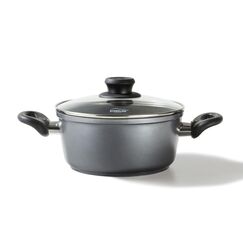 STONELINE Aluguss Kochtopf 24 cm, Topf mit Deckel 4,5 L, Antihaft beschichtet mit echten Steinpartikeln, Kochtopf Induktion 24 cm, für alle Herdarten, Backofen, Kochen ohne Fett oder Öl, Grau