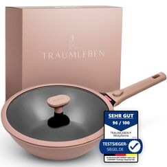 TRAUMLEBEN Wokpfanne mit Deckel 28 cm [abnehmbaren Griffe & Antihaftbeschichtung] PFOA-frei, für Induktion geeignet | backofenfest | hoher Rand | Beschichtete Wok Pfanne | Woks & Wokpfannen