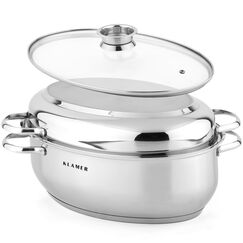 KLAMER Bräter mit zwei Deckeln 41 cm, backofengeeignet, 8,5L XXL Bräter mit Deckel, mit 4L Deckelpfanne, extra Glasdeckel, für alle Herdarten inkl. Induktion, Edelstahl