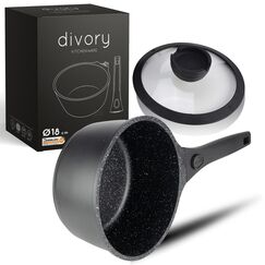 DIVORY Kasserolle 18cm abnehmbarer Griff - 2L Stielkasserolle mit Deckel - Stieltopf klein - Milchtopf beschichtet, abnehmbarer Stielgriff, Induktion, Spülmaschinen geeignet & Backofenfest, Schwarz