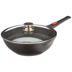 Kamberg 0008057 – Wok 30 cm – Abnehmbarer Griff – Aluminiumguss – Beschichtung in Steinoptik – Mit Glasdeckel – Für alle Herdarten, auch Induktion – PFOA‑frei, Aluminium, Schwarz