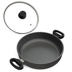 Hoffmann Schmorpfanne 28 cm hoher Rand Induktion I Pfanne mit 2 Griffen Made in Germany I Hochrandpfanne Aluguss Servierpfanne mit Deckel beschichtet