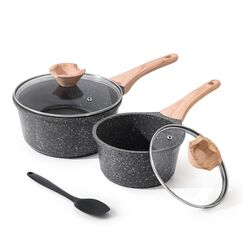 Kordisen Kasserollen Set mit Deckel, 16cm+20cm Antihaftbeschichtete Kochtöpfe mit Granit-Beschichtung, Stielkasserolle mit Ausgießer, handlicher Mehrzweck-Induktionstopf, PFOA/PFOS-frei