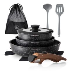 Kitchen Academy Topfset 10tlg, Topf Pfannenset mit Glasdeckeln, Marmorbeschichtung Antihaft-Versiegelung Kochgeschirr-Set, induktionsgeeignet, Maseriger glater Griff, Schwarz