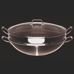 WMF Macao Wok Induktion 4-teilig, Wokpfanne 36 cm mit Glasdeckel, Ablagegitter, Dämpfereinsatz, Wokpfanne Induktion, Cromargan Edelstahl poliert, unbeschichtet