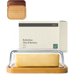 KIVY Butterdose Glas mit luftdichtem Deckel für streichzarte Butter - BPA Frei - Butterdosen - Butter dish - Butterschale mit Deckel - Butterdose mit Deckel - Butter Box Dose - Butterbox Bambus Holz