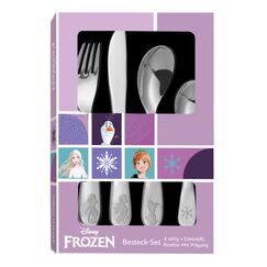Frozen Die Eiskönigin Kinderbesteck Set 4-teilig - Edelstahl rostfrei mit Messer, Gabel, Suppenlöffel und Dessertlöffel - geprägtes Motiv mit Elsa, Anna und Olaf - spülmaschinengeeignet, kindgerecht