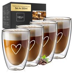 ElbFuchs® Latte Macchiato Gläser doppelwandig [4x 350ml] GESCHENKIDEE mit HERZ | Kristallklare Thermogläser doppelwandig | Ideal als Cappuccino Gläser | Kaffeegläser | Teegläser