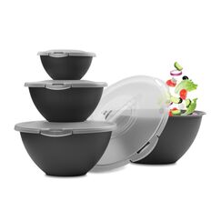 Hausfelder Salatschüssel Set groß mit Deckel 4er Set, 0,7L/1,9L/3,6L/6L, Schüsselset aus Kunststoff stapelbar, BPA-frei in Anthrazit Schwarz für Camping und Küche