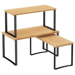 SONGMICS Gewürzregal, 3er Set Küchen-Organizer, Küchenregal, stapelbar, erweiterbar, Metall und Holzwerkstoff, tintenschwarz-naturbeige KCS014B01