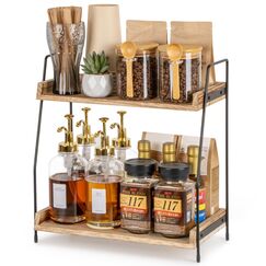 ANBOXIT Kaffee Organizer, Küchen Organizer Holz, Küchenregal Arbeitsplatte, 2 Tier Kaffeebar Regal für Küche, Zuhause, Büro - Braun