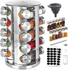 Gewürzkarussell 360°drehbar Gewürzregal, 20 Gewürzgläsern(ohne Inhalt),Lebensmittelqualität 430-Edelstahl Rotationsküchen Gewürzständer,Gewürzdosen zum Streuen,mit Etikettenpapier und Schreibstift