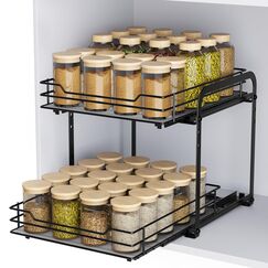 AIRUJIA Gewürzregal Ausziehbar, 2 Etagen Spülschrank Organizer, Gewürzregal Schrank, Spice Rack, Anhebbares Waschbecken Regal, Gewürz Organizerfür Für Küche, L26.4*B23.2*H23CM