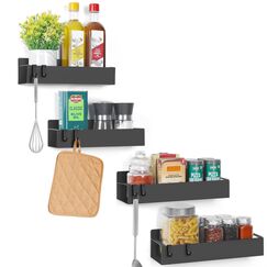 Winter Shore Kühlschrank Regal Magnetisch [4 Stück] - Starke Schwarze Magnetische Gewürzregale mit Haken für Kühlschrank & Mikrowelle - Platzsparende Magnetische Regale zur Gewürzaufbewahrung
