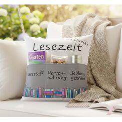 KAMACA Dekokissen mit Füllung Lesezeit mit 3 Taschen 43x43 cm Kuschelkissen für Sofaabend & Filmabend Kissen Geschenkidee für Leseratten Rentner Männer Frauen & Couchfans (Lesekissen)