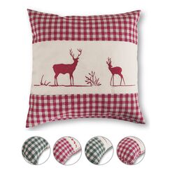 wometo Kissenhülle Zierkissen 40x40 OekoTex - Landhaus-Stil Dekokissen Sofakissen Stick Hirsch rot kariert, Karo rot Heller Hintergrund Reißverschluss