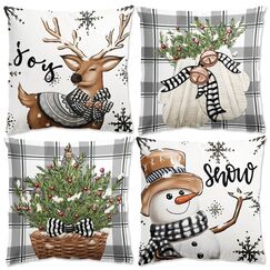4er Set Kissenbezug Weihnachten, Weiß Und Grau Rentier Deko Weihnachten Kissenbezug 45x45cm,Weihnachtsdeko Kissenbezüge Kariert Für Christmas Decorations Indoor, Winter Deko Wohnzimmer Sofa Bettwäsche